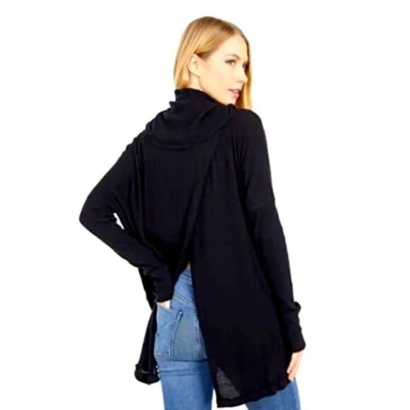 Free People Black Open Back Juicy Long Sleeve Thermal Cowl Neck Top Medium New - Picture 9 of 13